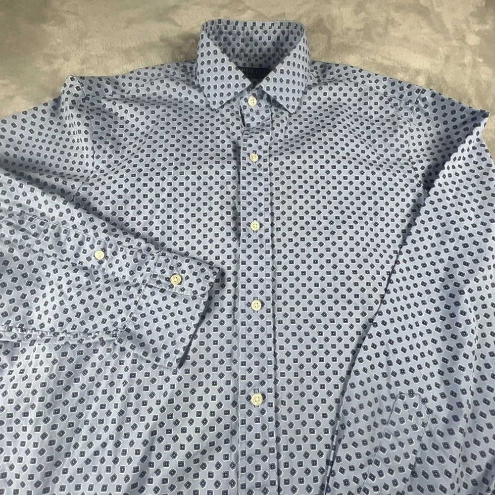 Polo Ralph Lauren Shirt Mens Medium Blue Geometric AOP Classic Stretch Button Up